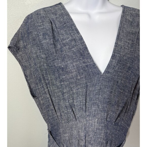Max Studio Womens Chambray Dress Large Linen Blend V-Neck Coastal Cottagecore - Picture 8 of 12